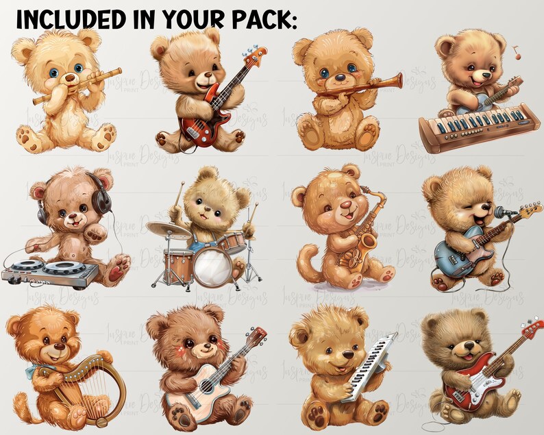 Cute Musical Bears Clipart, Instant Download, Music Guitar Drums Piano ...