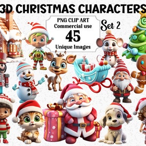 3D Stil niedliche Weihnachten Charaktere PNG Set2, sofortiger Download kommerzielle Nutzung, Weihnachtsmann, Schneemann, Tiere transparentes Sublimationspaket