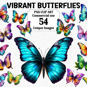 Clipart aquarelle de papillons vibrants, créations numériques de papillons lumineux, téléchargement immédiat, utilisation commerciale PNG Transparent par sublimation Bundle