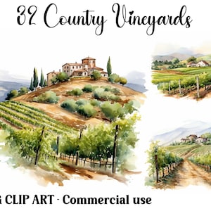 May include: Watercolour painting of a vineyard landscape with rolling hills, green vines, and a stone farmhouse in the distance. The painting is titled "32 Country Vineyards" and includes the text "JPG CLIP ART - Commercial use".