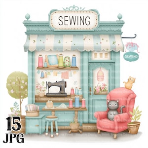 May include: A whimsical illustration of a sewing shop with the word "SEWING" on a sign. The shop features a vintage sewing machine, spools of thread, and a pink armchair with a gray cat. A small orange cat sits on the armchair.