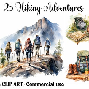 Wandern Abenteuer Aquarell Clipart Szenen, Digital/Papier Handwerk, sofortiger Download Berglandschaft Hintergründe, kommerzielle Nutzung JPG-bundle