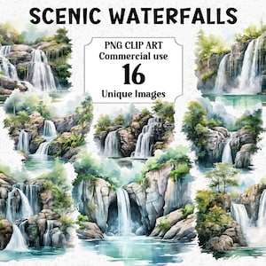 Cascades pittoresques aquarelle forêt paysage scènes des cliparts, artisanat par sublimation, téléchargement numérique, utilisation commerciale lot PNG transparent