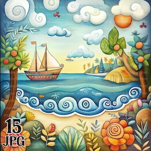 Clipart di fantasie floreali sul lago Sfondi colorati e stravaganti Carta digitale eccentrica Download istantaneo Scene sul lungomare Pacchetto JPG commerciale