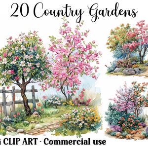 Clipart di scene primaverili di acquerelli di giardini di campagna, artigianato digitale e cartaceo, download immediato, sfondi paesaggistici, bundle JPG per uso commerciale