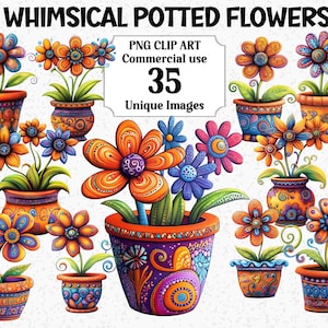 Puede incluir: Una colección de flores en macetas caprichosas en colores vibrantes. La imagen presenta varios diseños de flores en macetas decorativas, con el texto "WHIMSICAL POTTED FLOWERS" en la parte superior. La imagen también incluye el texto "PNG CLIP ART Commercial use 35 Unique Images".