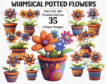 May include: A collection of whimsical potted flowers in vibrant colors. The image features various flower designs in decorative pots, with the text "WHIMSICAL POTTED FLOWERS" at the top. The image also includes the text "PNG CLIP ART Commercial use 35 Unique Images".