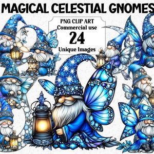 Clipart magique de gnomes célestes, travaux manuels numériques bleus amusants et vibrants mignons, téléchargement immédiat, usage commercial, ensemble de sublimation de PNG transparent