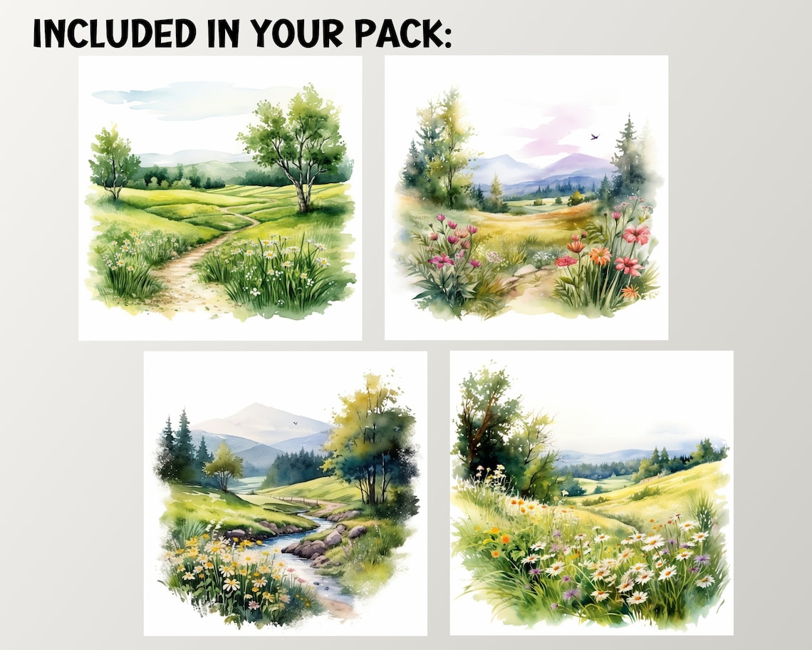 Spring Country Scenes Watercolor Clipart, Digital & Paper Craft ...