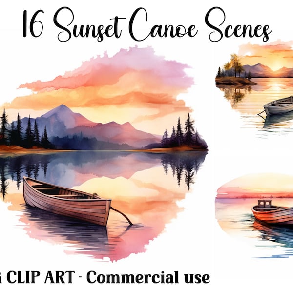 Sunset Canoe Scenes Watercolor Clipart, Digital & Paper Craft, Instant Download Boat Lake Landscape backgrounds, Commercial use JPG bundle