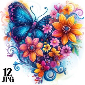 Bundle de cliparts dynamiques papillon coeurs floraux fleurs lunatiques numériques téléchargement immédiat fond nature lumineuse abstrait commercial JPG
