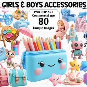 Mädchen & Jungen Accessoires 3D-Stil niedlichen Kinder Clipart, kommerzielle Nutzung, Taschen Bücher Puppen Sport Autos Kunst, transparente Sublimation PNG Bündel