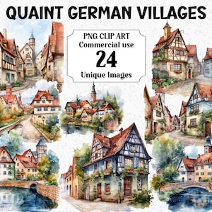 Clipart aquarelle de villages allemands pittoresques | Créations numériques et papier, téléchargement immédiat, utilisation commerciale | Lot PNG transparent à sublimation
