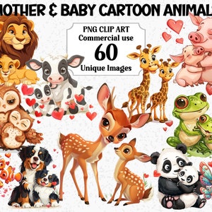 Mother & Baby Cartoon Animals Watercolor Clipart, Mom Mum cow giraffe deer, Instant Download Commercial Transparent PNG sublimation bundle