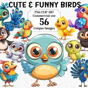 Lindos y divertidos pájaros acuarela clipart animales de dibujos animados, descarga instantánea, uso comercial, pavos reales, búhos, paquete de sublimación PNG transparente