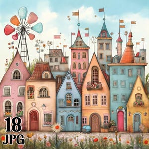 Op de afbeelding: Een fantasievolle illustratie van een kleurrijk stadje met huizen in verschillende tinten roze, blauw, geel en groen. De huizen hebben ingewikkelde details, waaronder ramen, deuren en schoorstenen. Er zijn ook bomen en bloemen op de voorgrond.