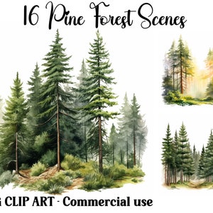 Scene di pineta Clipart ad acquerello, artigianato digitale e cartaceo, download immediato di paesaggi stagionali, sfondi di abeti, JPG per uso commerciale