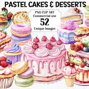 Pastell Kuchen & Desserts Clipart, süße Valentineen / Geburtstag Party süßes Essen, sofortiger Download, kommerzielle transparente PNG Sublimation Bundle