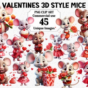 Saint Valentin style 3D souris, clipart aquarelle, téléchargement immédiat utilisation commerciale PNG Transparent amour souris animaux Sublimation Bundle