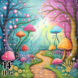 Clipart stravaganti, foreste di funghi eccentriche, carta digitale, sfondo da favola carino, download istantaneo, scene astratte, uso commerciale, pacchetto JPG
