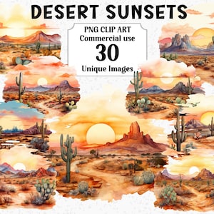 Imágenes prediseñadas de sublimación de escenas de paisajes de acuarela de atardeceres en el desierto, scrapbooking, artesanía, descarga digital, uso comercial, paquete PNG transparente