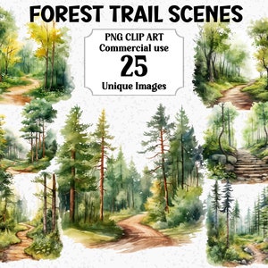 May include: A set of 25 watercolour illustrations of forest trails. The illustrations feature winding paths, lush greenery, and towering trees. PNG Clip Art Commercial use.