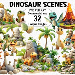Dinosaurier Szenen Clipart - Niedlicher 3D-Stil Sofort-Download Dino & Baby / Eier, Vulkane / Bäume Kommerziell, transparente Sublimation PNG Bündel
