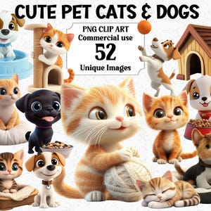 Cute Pet Cats & Dogs Clipart 3D Style Puppy Kitten Commercial use graphics, Transparent Sublimation Family Animals PNG Graphics Party Bundle