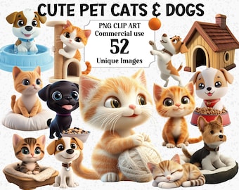 Könnte beinhalten: Ein Set mit 52 einzigartigen digitalen Clipart-Bildern mit niedlichen Cartoon-Katzen und -Hunden. Die Bilder sind perfekt für kommerzielle Zwecke und beinhalten eine Vielzahl von Posen und Ausdrücken.