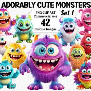 Conjunto de monstruos adorables 1 Clipart, Manualidades digitales/de papel, Descarga instantánea divertida y vibrante, Uso comercial, Paquete de PNG de sublimación transparente