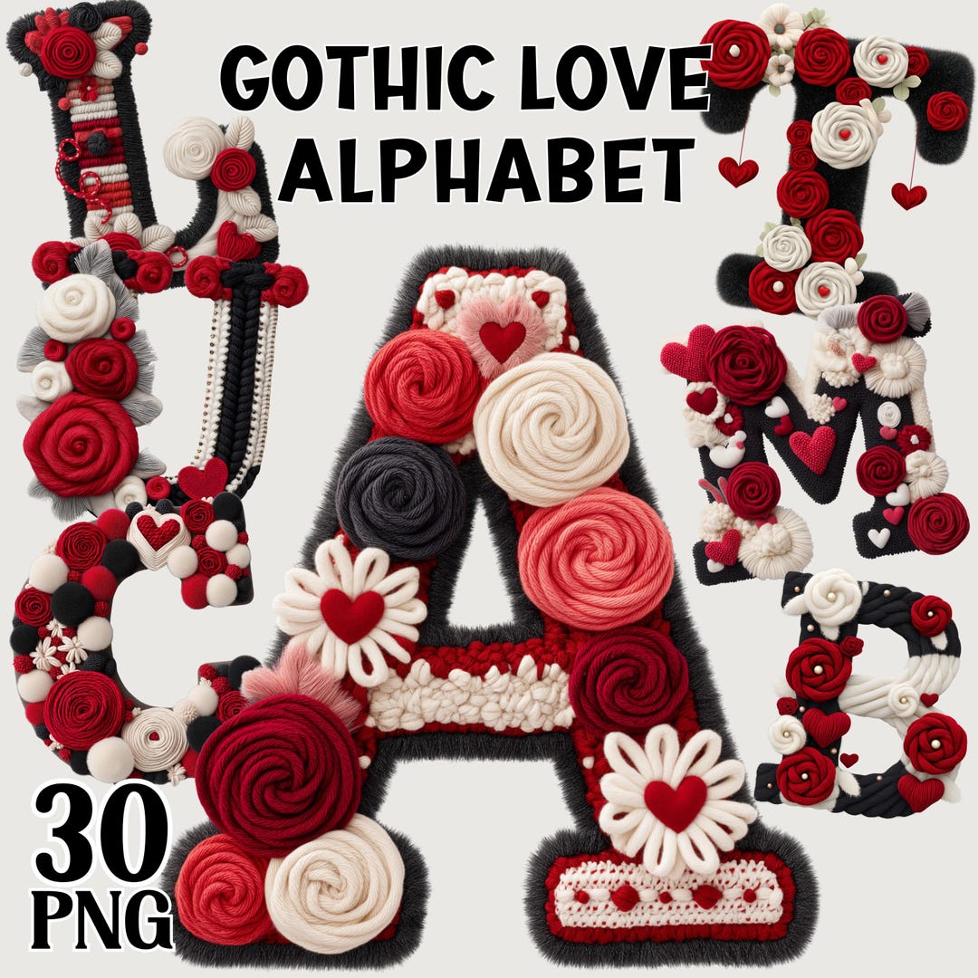 Gothic Love Alphabet Letters, Fluffy Faux Yarn Font Clipart, Valentines ...