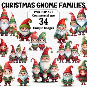 Kerstkabouterfamilies aquarel clipart, kaarten nodigt xmas crafts, instant download commercieel gebruik transparante PNG-sublimatiebundel