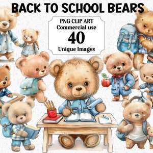 De volta às aulas ursos clipart azul, download instantâneo, andar de bicicleta, mesa, maçã, livros, berçário infantil, pacote de sublimação PNG transparente