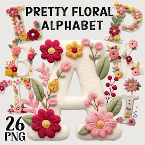 May include: A collection of floral alphabet letters in various colors, including pink, yellow, and red. The letters are decorated with flowers and leaves, and the text "PRETTY FLORAL ALPHABET" is at the top. The image also includes the text "26 PNG".