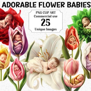 Adorables bebés con flores en acuarela, descarga instantánea de manualidades digitales, uso comercial, paquete de PNG de sublimación de bebés con flores transparentes