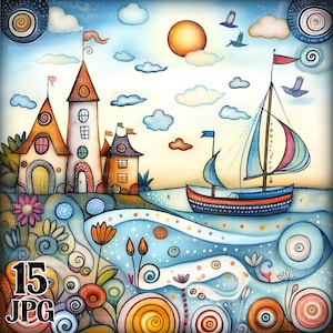 Scene di spiaggia stravaganti Clipart Sfondo colorato e bizzarro Carta digitale Download istantaneo Paesaggio nautico sul lungomare Pacchetto JPG commerciale