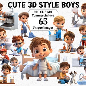 Imágenes prediseñadas de niños lindos haciendo tareas domésticas en estilo 3D, uso comercial, niños pequeños, familia, hijo, trabajo, gráfico de tareas PNG transparente, paquete de gráficos de sublimación