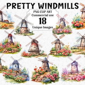 Hübsche Windmühlen Aquarell Clipart, Digital & Papierkunst, Sofort Download, kommerzielle Nutzung Transparente Land PNG Sublimationspaket