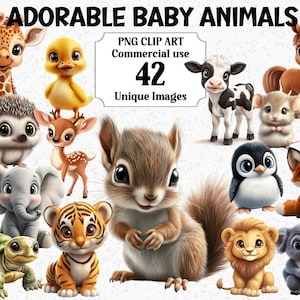 Adorables animales bebés PNG Clipart - Descarga instantánea Conejo comercial jirafa pingüino león búho pájaro perro gato, paquete de sublimación transparente