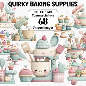 Può includere: Una collezione di 68 illustrazioni digitali con utensili da pasticceria in tonalità pastello, tra cui impastatrici, cupcake, ciotole e accessori da cucina con volti sorridenti. Il testo recita QUIRKY BAKING SUPPLIES PNG CLIP ART Commercial use 68 Unique Images.