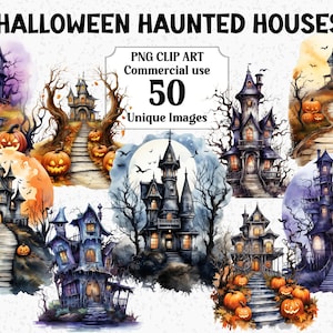 Halloween spookhuizen spookachtige aquarel illustraties | Digitaal knutselen en papier knutselen | Direct downloaden | Commercieel gebruik, transparante png-clipart