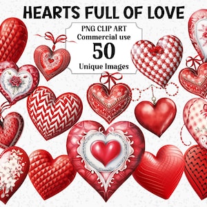 Cœurs pleins d'amour Saint-Valentin rouge aquarelle Clipart, création de cartes, téléchargement immédiat à usage commercial PNG Transparent sublimation Bundle