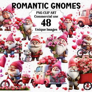 Gnomes romantiques Saint Valentin Clipart aquarelle, fleurs coeurs d'amour, téléchargement immédiat, usage commercial, sublimation Bundle PNG Transparent