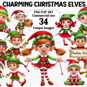 Charming Christmas Elves Clipart, Cartoon Style, Instant Download Commercial use, Transparent Funny Playful Happy Elf PNG Sublimation Bundle