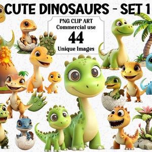 Niedliche Dinosaurier Clipart (Set 1) 3D Stil PNG - Sofortiger Download Eier, Fußabdrücke, Mutter & Baby, kommerzielles, transparentes Sublimationspaket