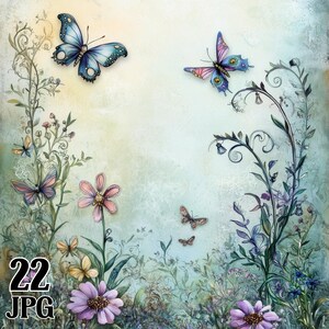 Clipart floral JPG fleurs fantaisistes sauvages Journal indésirable papier numérique Téléchargement instantané papillon abstrait scène arrière-plan usage Commercial Bundle