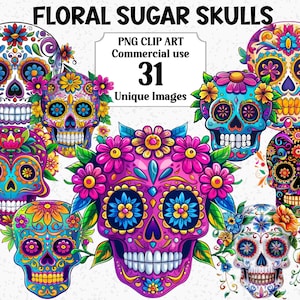 Sugar Skulls Blumen, Gothic Skelett Aquarell Clipart, Sofort Download, Halloween / Tag der Toten Transparente PNG Sublimation Bundle