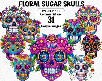 Sugar Skulls Floral, Gothic Skeleton Watercolor Clipart, Instant Download, Halloween / Day of the Dead Transparent PNG Sublimation Bundle