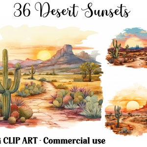 Desert Sunsets Acuarela Clipart Escenas de cactus, Artesanía digital, Descarga instantánea Sunrise Cacti Landscape Paquete de fondos JPG comerciales