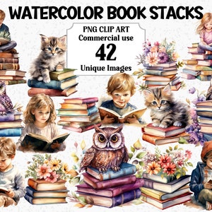 Clipart di pile di libri ad acquerello, gufi, gattini, bambine, bambini, download immediato, uso commerciale, pacchetto di sublimazione PNG trasparente